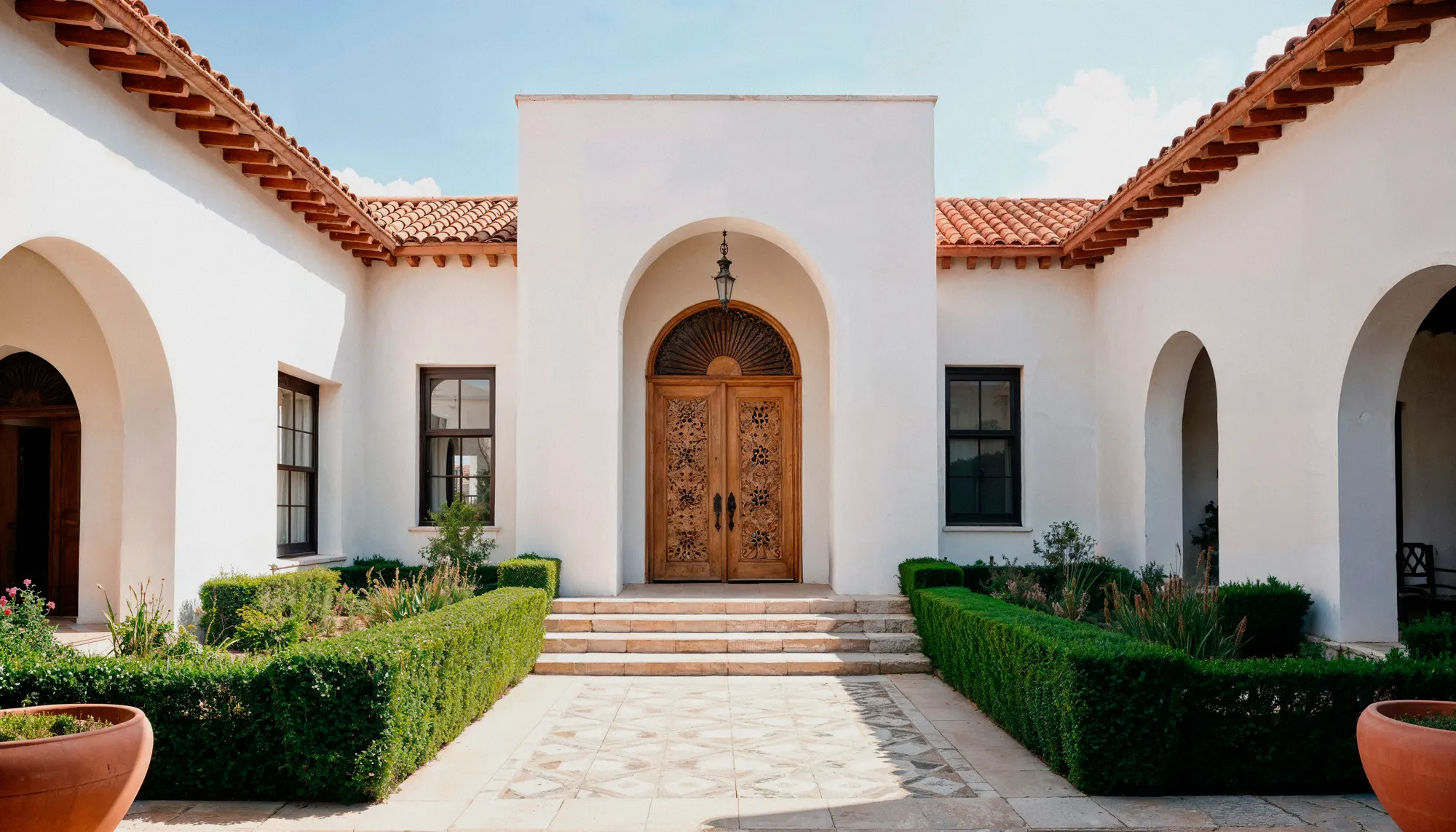 Bright white stucco home with clean tile roof and spotless entry courtyard