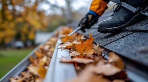 Clearing packed leaves out of a rain gutter